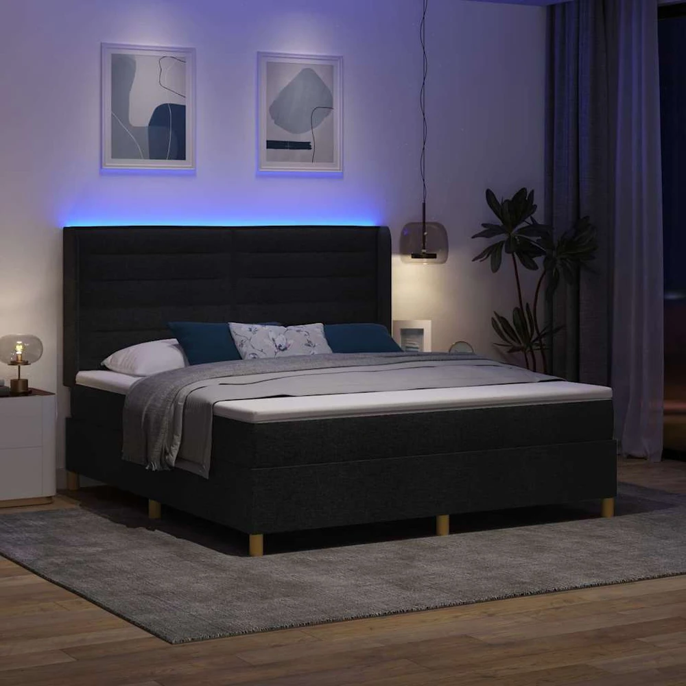 Kiemas lova su LED juostelėmis Juoda 180 x 200 cm audinys