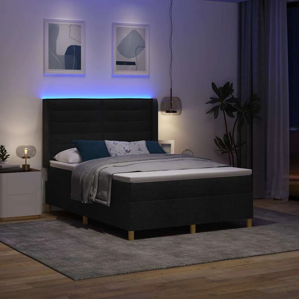 Kiemas lova su LED juostelėmis Juoda 140 x 200 cm audinys