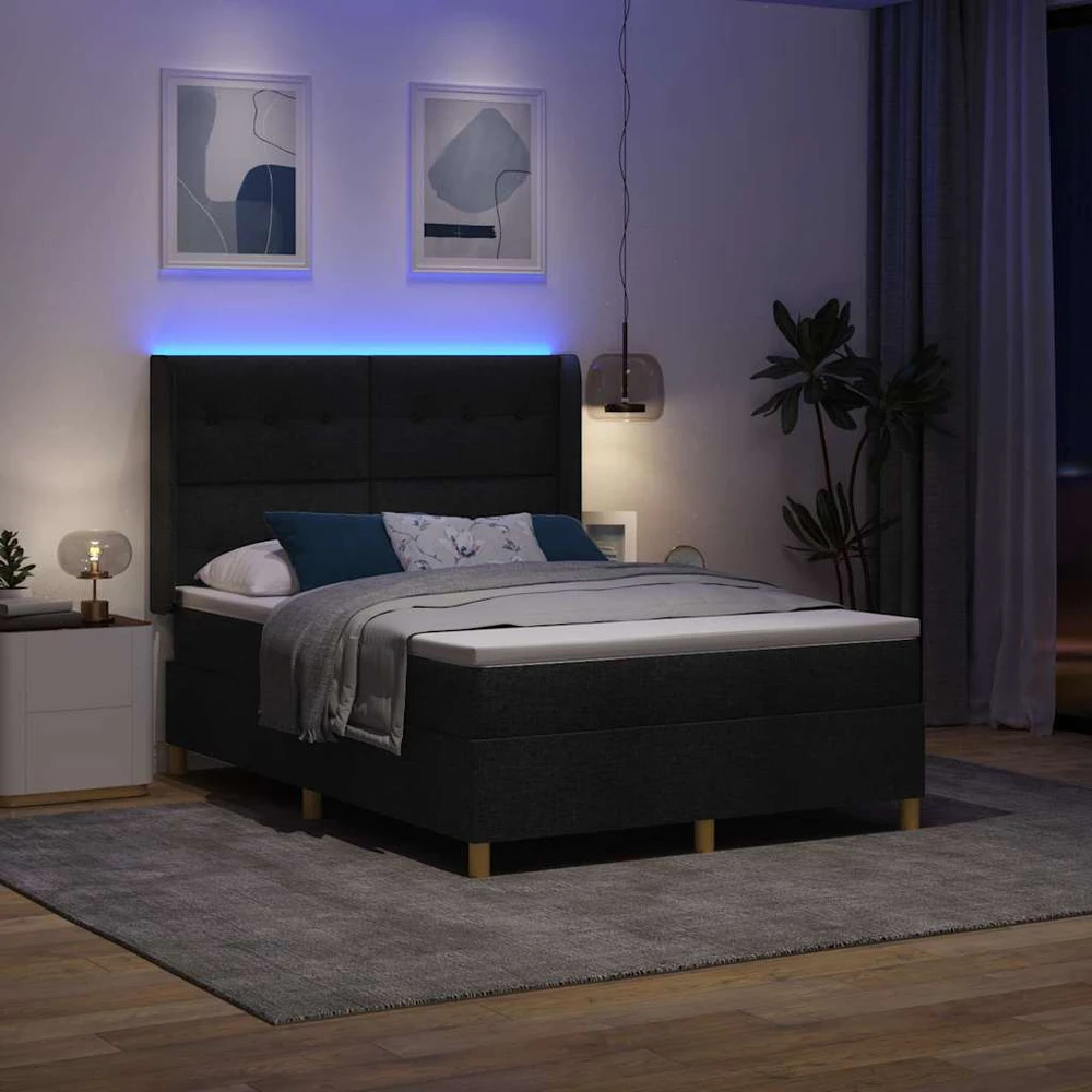 Kiemas lova su LED juostelėmis Juoda 160 x 200 cm audinys
