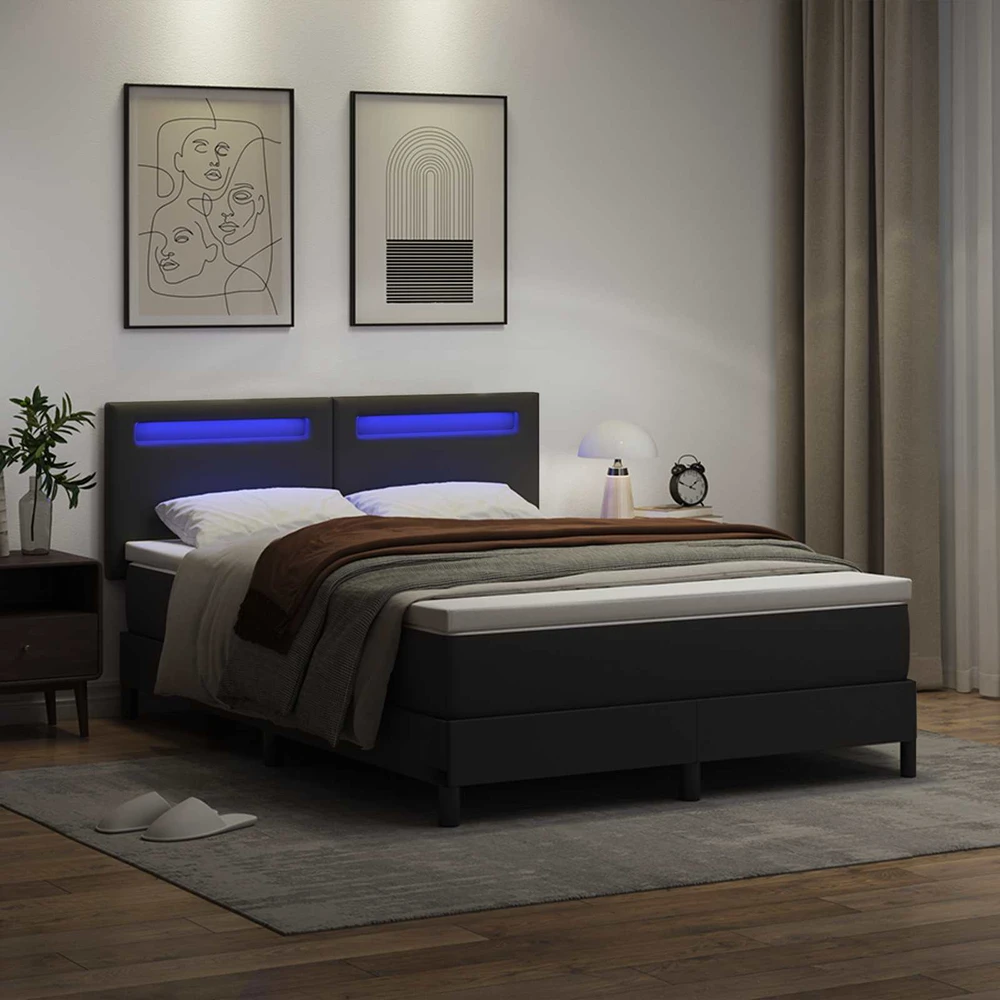 Kiemas lova su LED juostelėmis Juoda 140 x 200 cm Dirbtinė oda