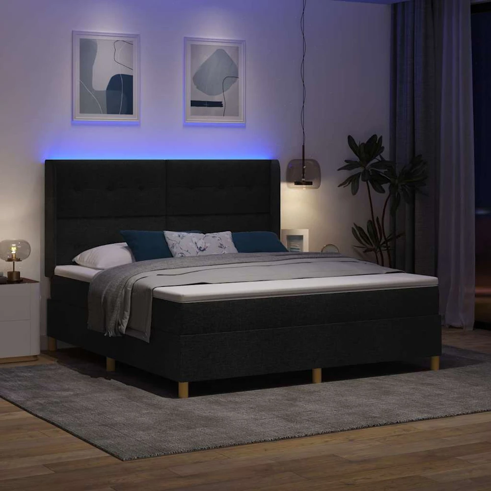 Kiemas lova su LED juostelėmis Juoda 180 x 200 cm audinys