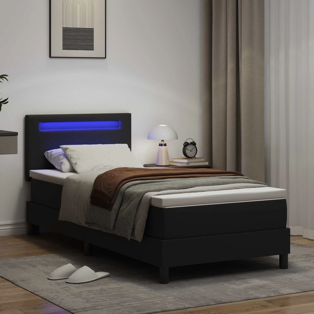 Kiemas lova su LED juostelėmis Juoda 90 x 190 cm Dirbtinė oda