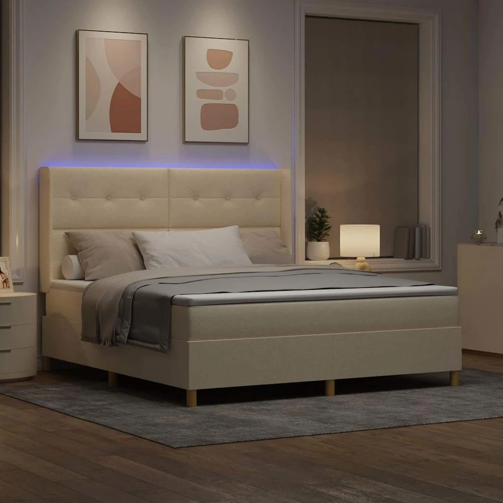 Kiemas lova su LED juostelėmis Kreminė 180 x 200 cm audinys