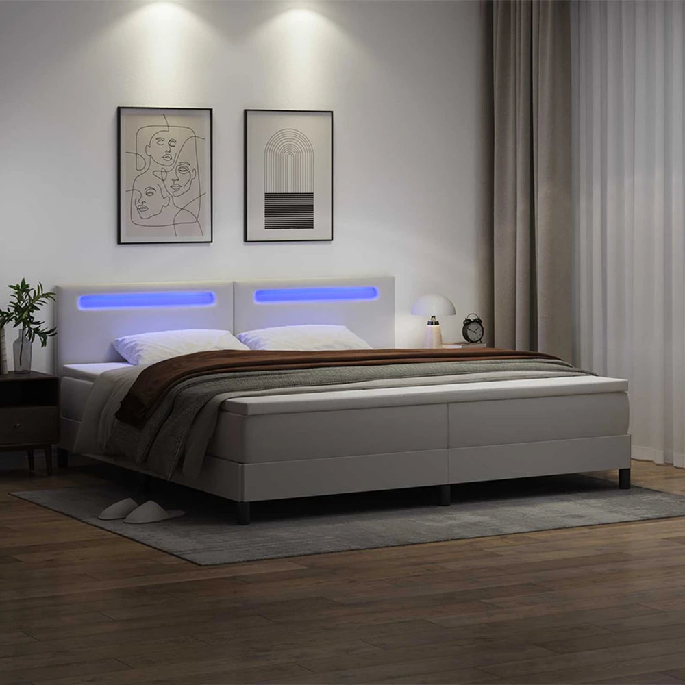 Kiemas lova su LED juostelėmis Balta 200 x 200 cm Dirbtinė oda