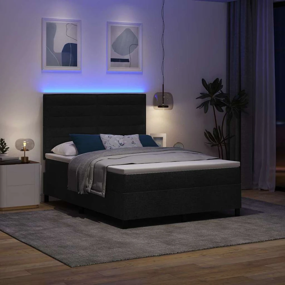 Kiemas lova su čiužiniu su LED Juoda 140 x 200 cm audinys