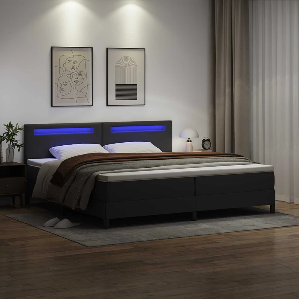 Kiemas lova su LED juostelėmis Juoda 200 x 200 cm Dirbtinė oda