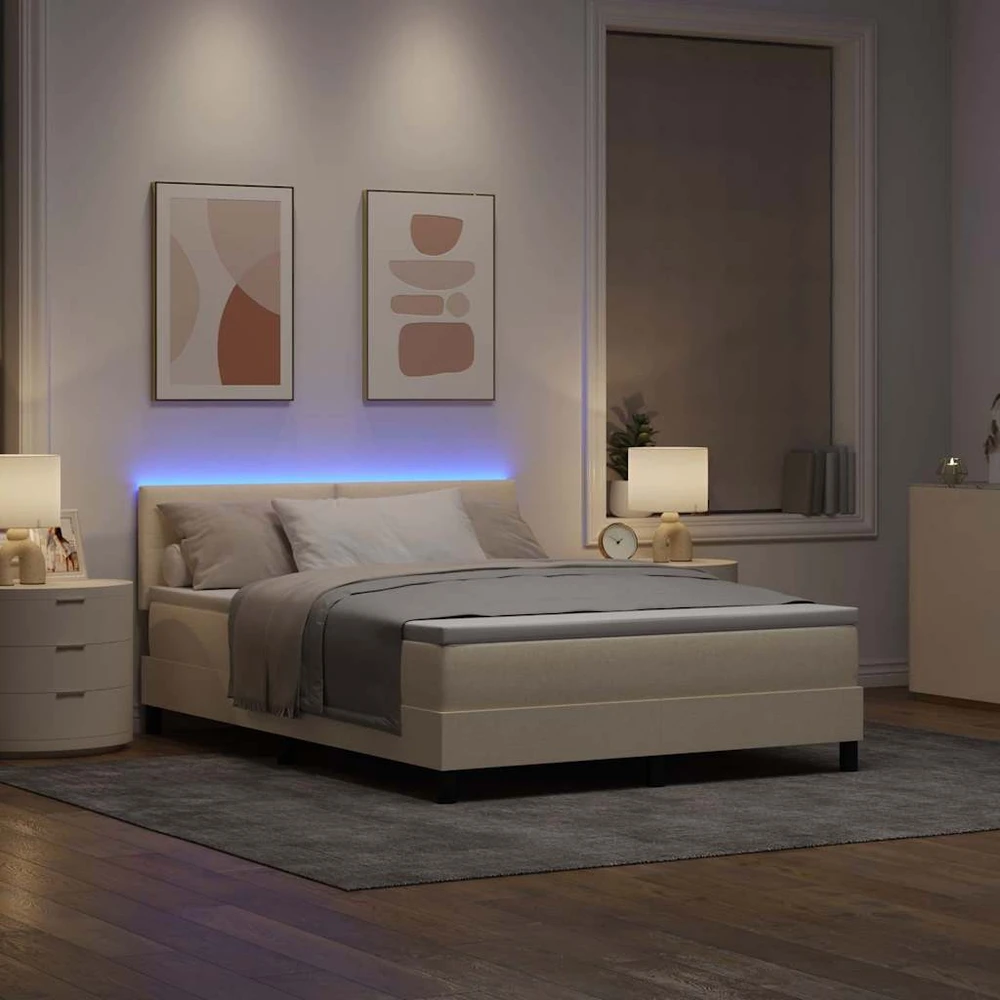 Kiemas lova su LED juostelėmis Kreminė 140 x 190 cm audinys