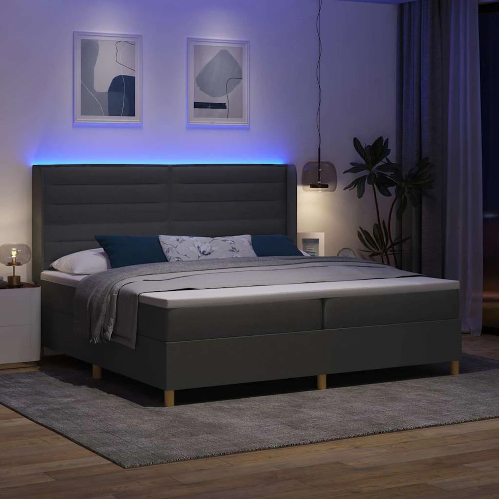Kiemas lova su čiužiniu su LED Pilka 200 x 200 cm audinys