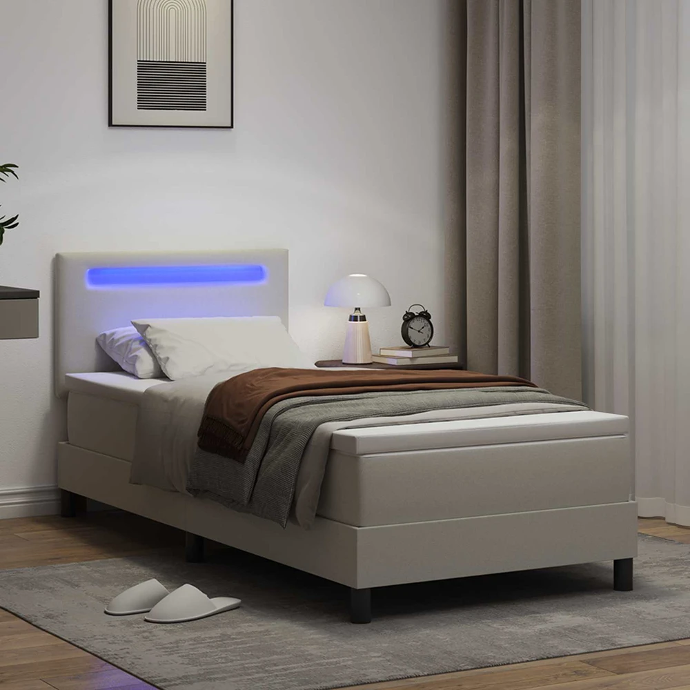 Kiemas lova su LED juostelėmis Balta 100 x 200 cm Dirbtinė oda