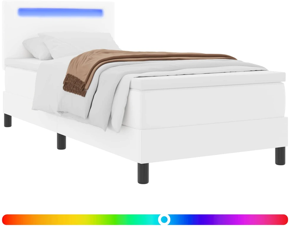 Kiemas lova su LED juostelėmis Balta 100 x 200 cm Dirbtinė oda
