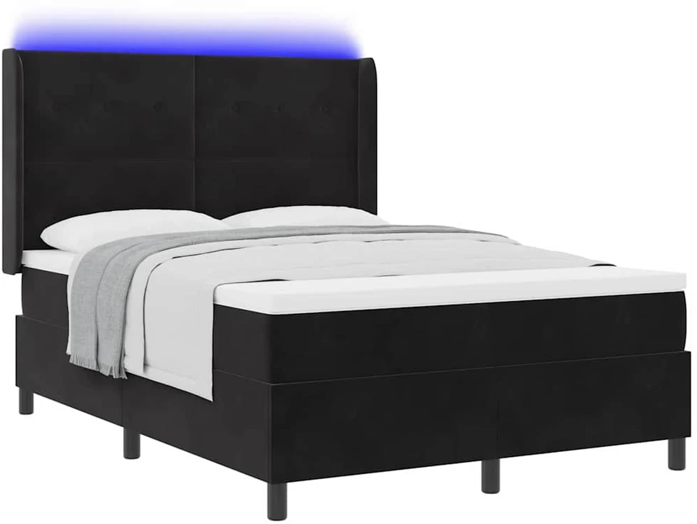 Kiemas lova su LED juostelėmis Juoda 140 x 200 cm Aksomas