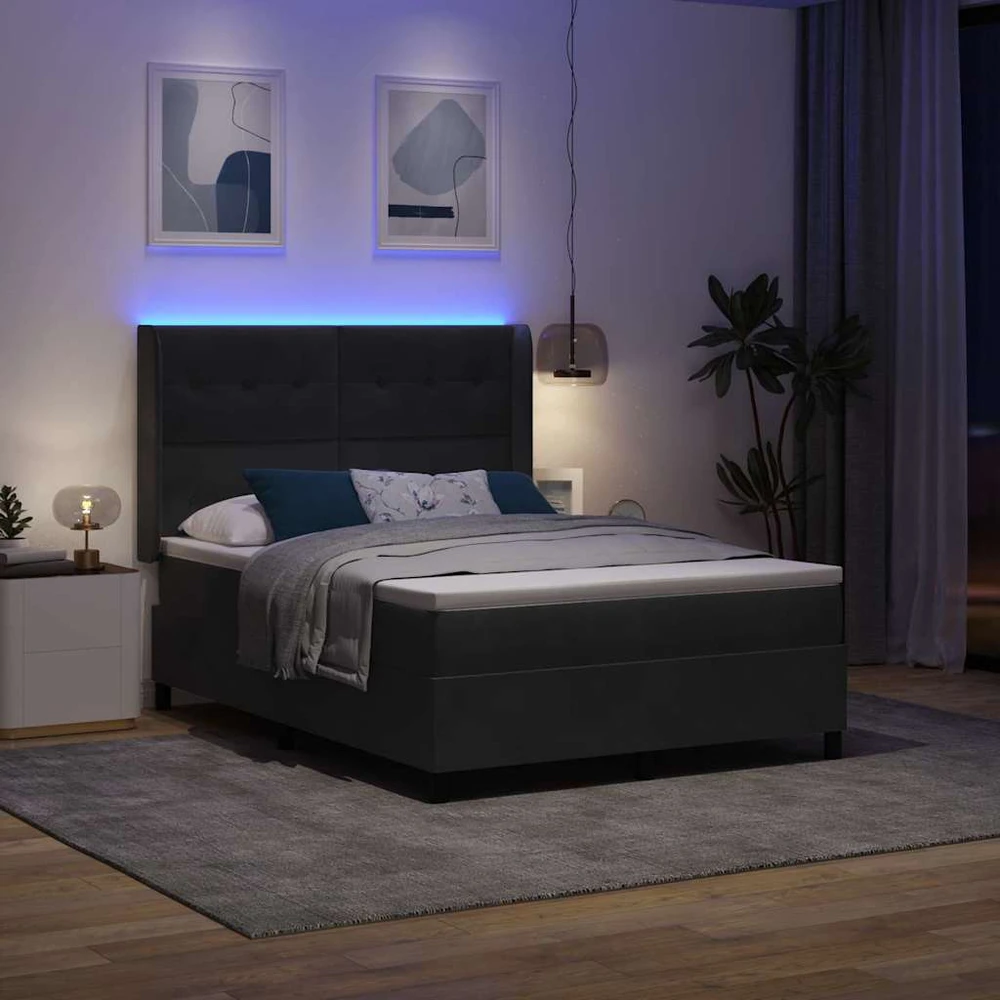 Kiemas lova su LED juostelėmis Juoda 140 x 200 cm Aksomas