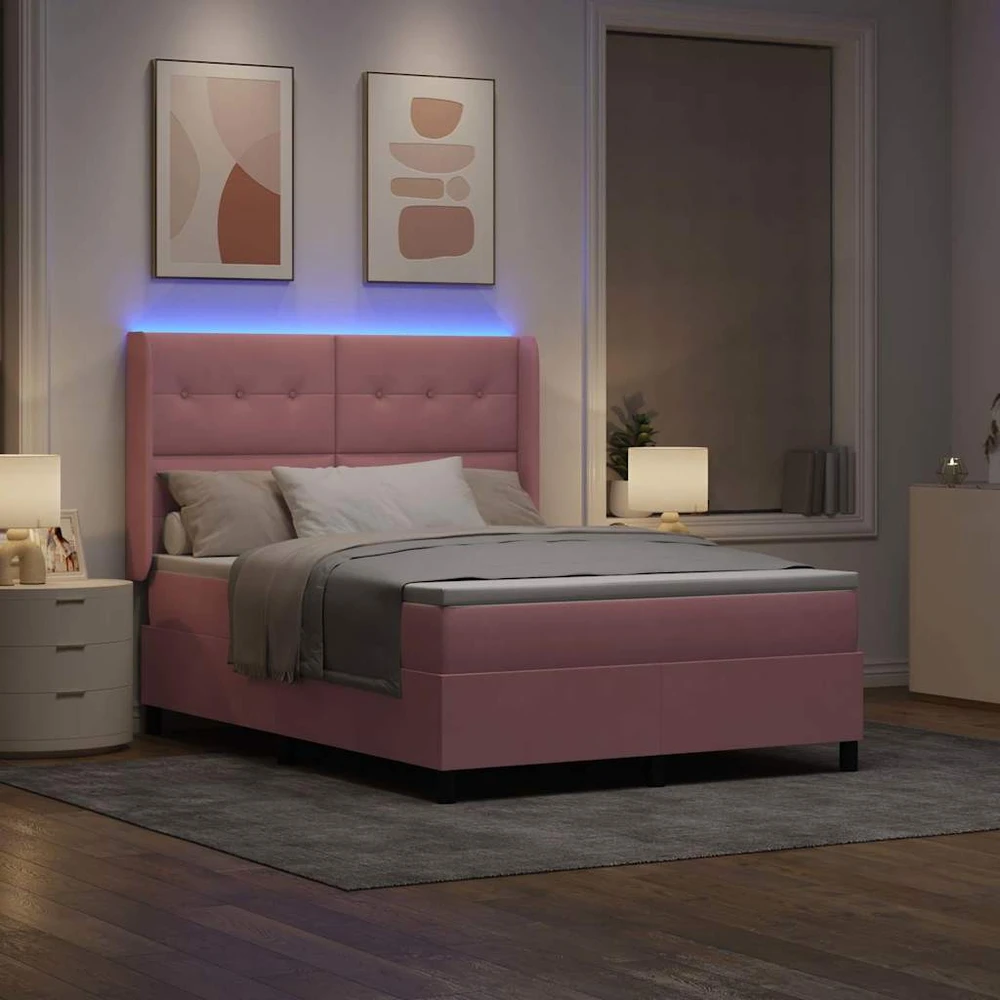 Kiemas lova su LED juostelėmis Rožinė 140 x 190 cm Aksomas