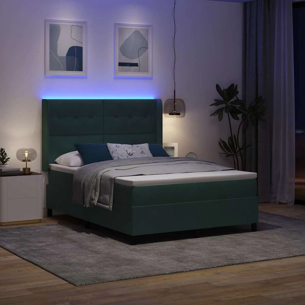 Kiemas lova su LED juostelėmis Žalia 140 x 190 cm Aksomas