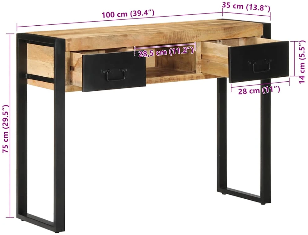 konsolinis stalas 100x35x75 cm Tvirtas neapdorotas medis Mango