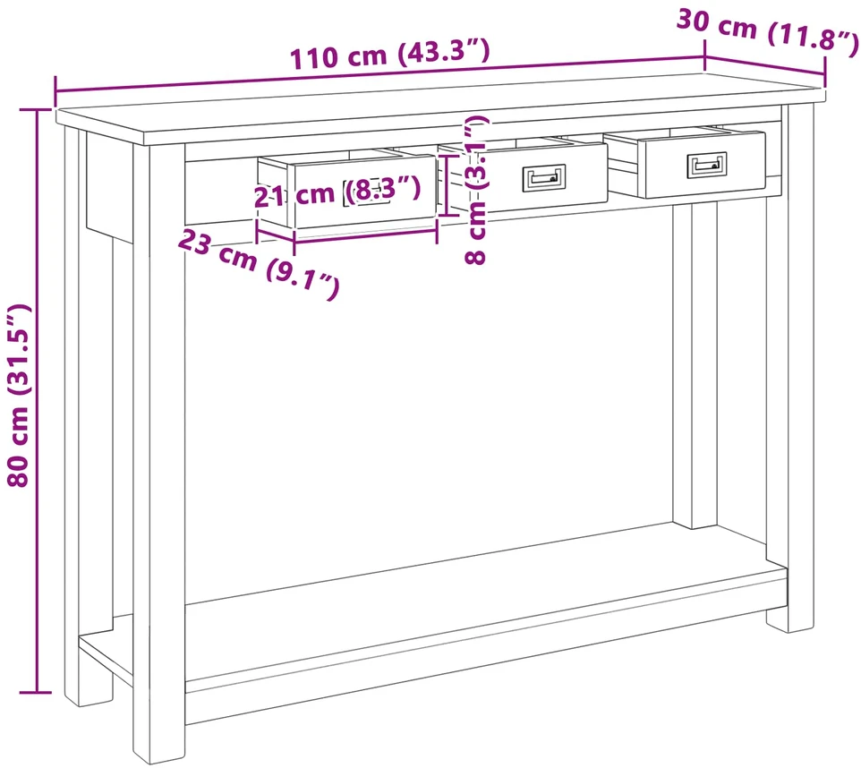 Konsolinis stalas Natūrali 110 x 30 x 80 cm Kieto teka medžio