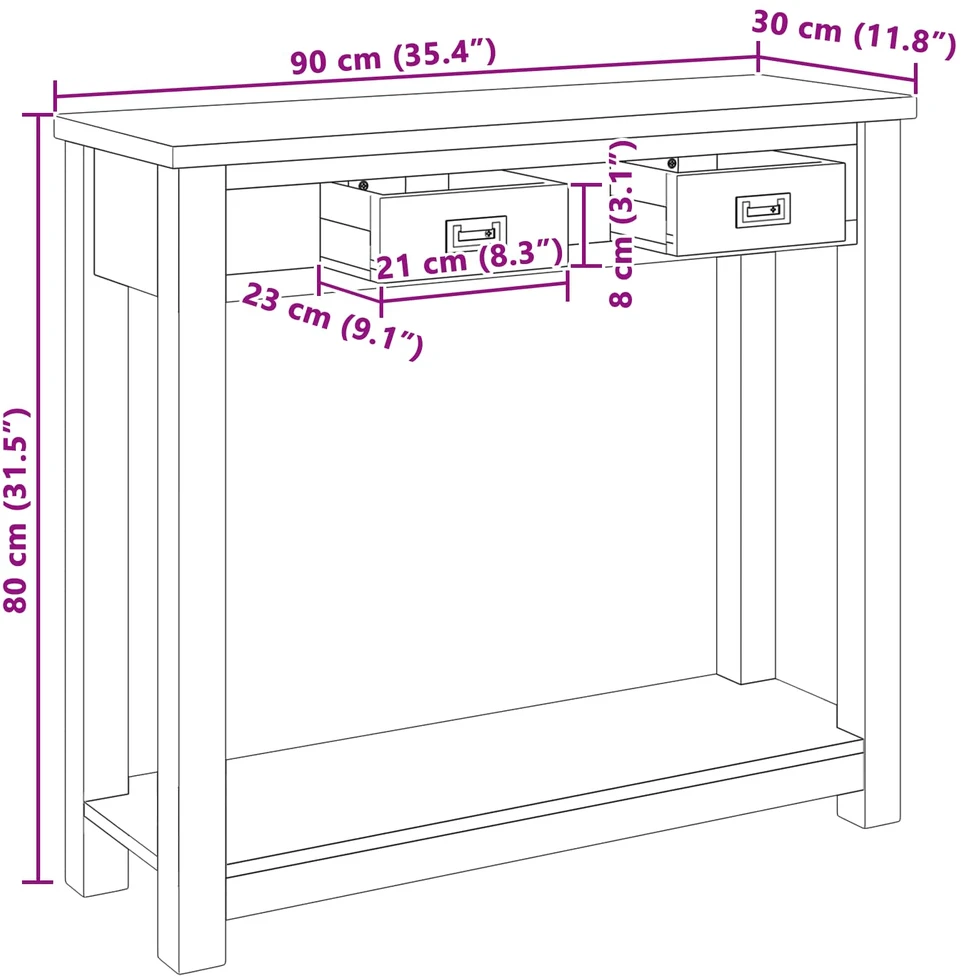 Konsolinis stalas Natūrali 90 x 30 x 80 cm Kieto teka medžio