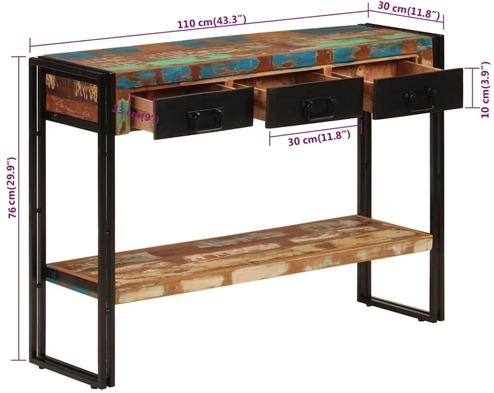 Konsolinis staliukas, 110x30x76cm, perdirbtos medienos masyvas