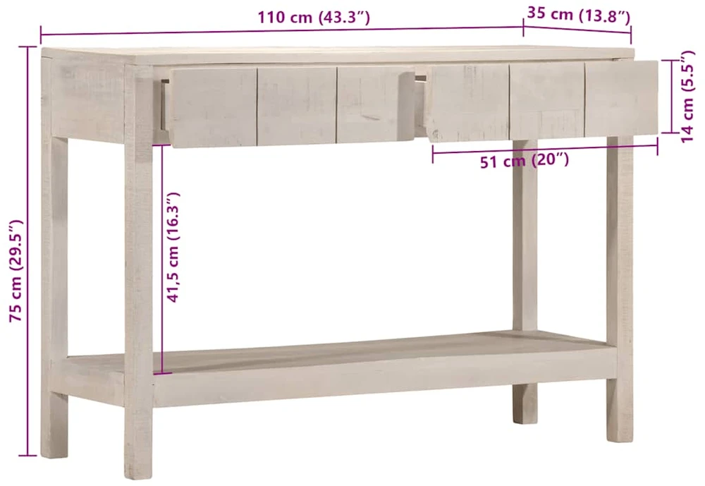 Konsolinis staliukas, baltas, 110x35x75cm, mango masyvas