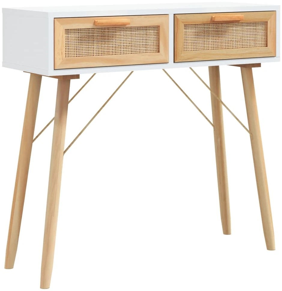 Konsolinis staliukas, baltas, 80x30x75cm, pušis ir ratanas