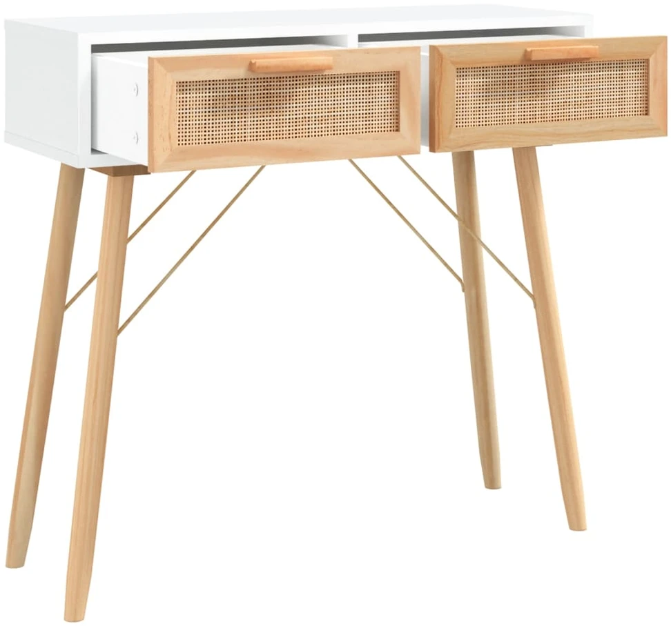 Konsolinis staliukas, baltas, 80x30x75cm, pušis ir ratanas