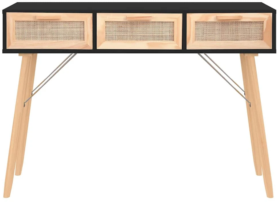 Konsolinis staliukas, juodas, 105x30x75cm, pušis ir ratanas