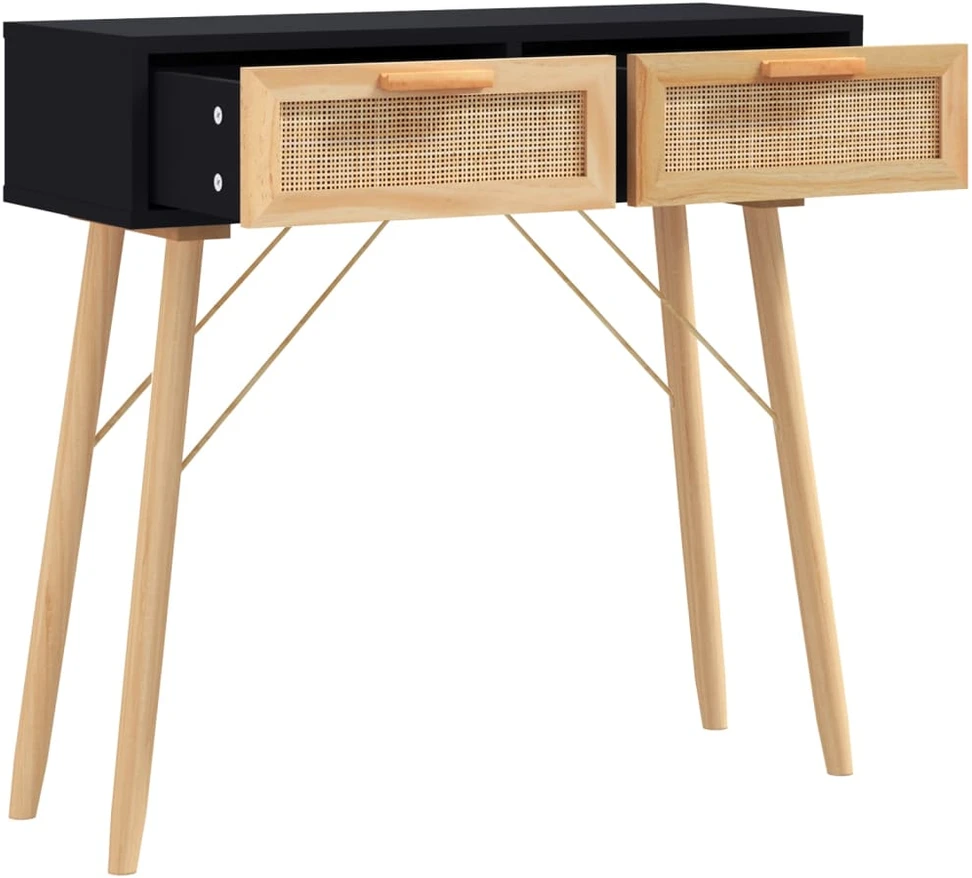 Konsolinis staliukas, juodas, 80x30x75cm, pušis ir ratanas