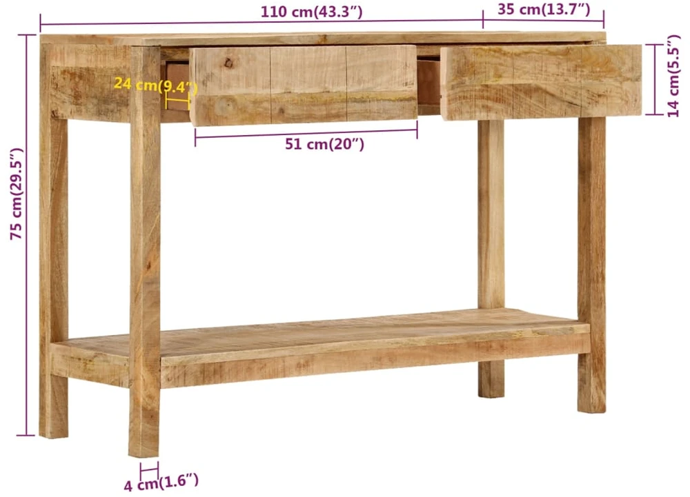 Konsolinis staliukas su 2 stalčiais, 110x35x75cm, mango masyvas