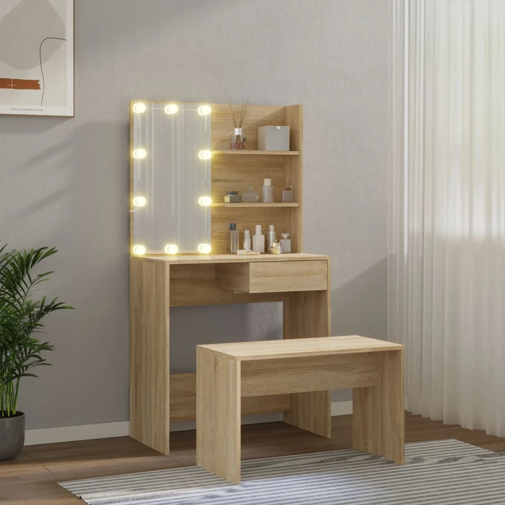 Kosmetinio staliuko komplektas su LED, ąžuolo, apdirbta mediena