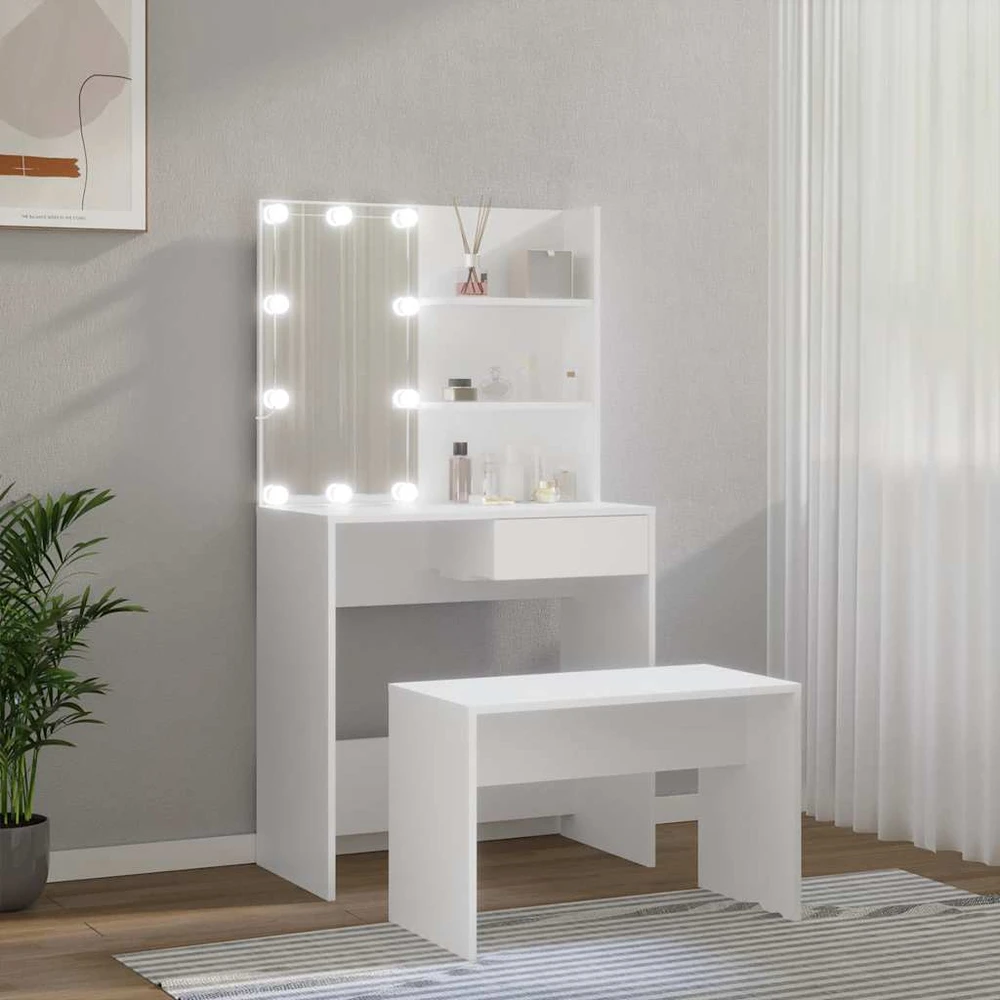 Kosmetinio staliuko komplektas su LED, baltas, apdirbta mediena