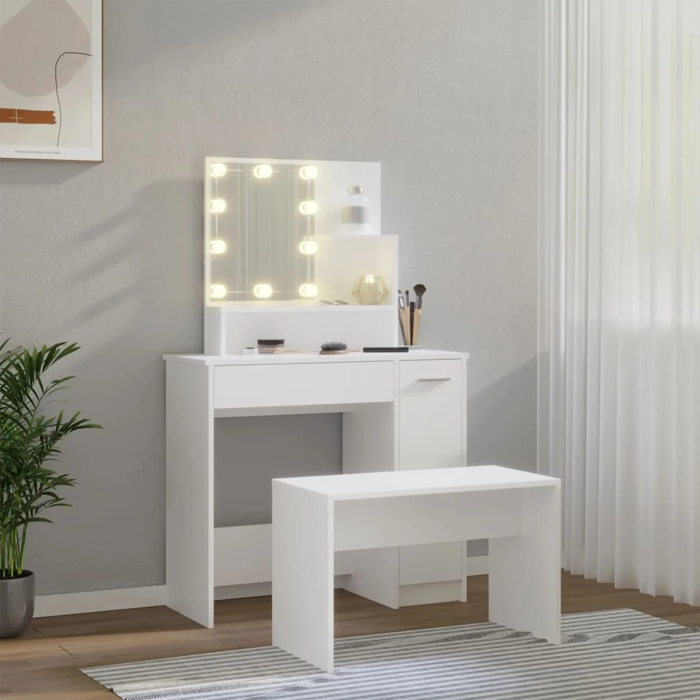 Kosmetinio staliuko komplektas su LED, baltas, apdirbta mediena
