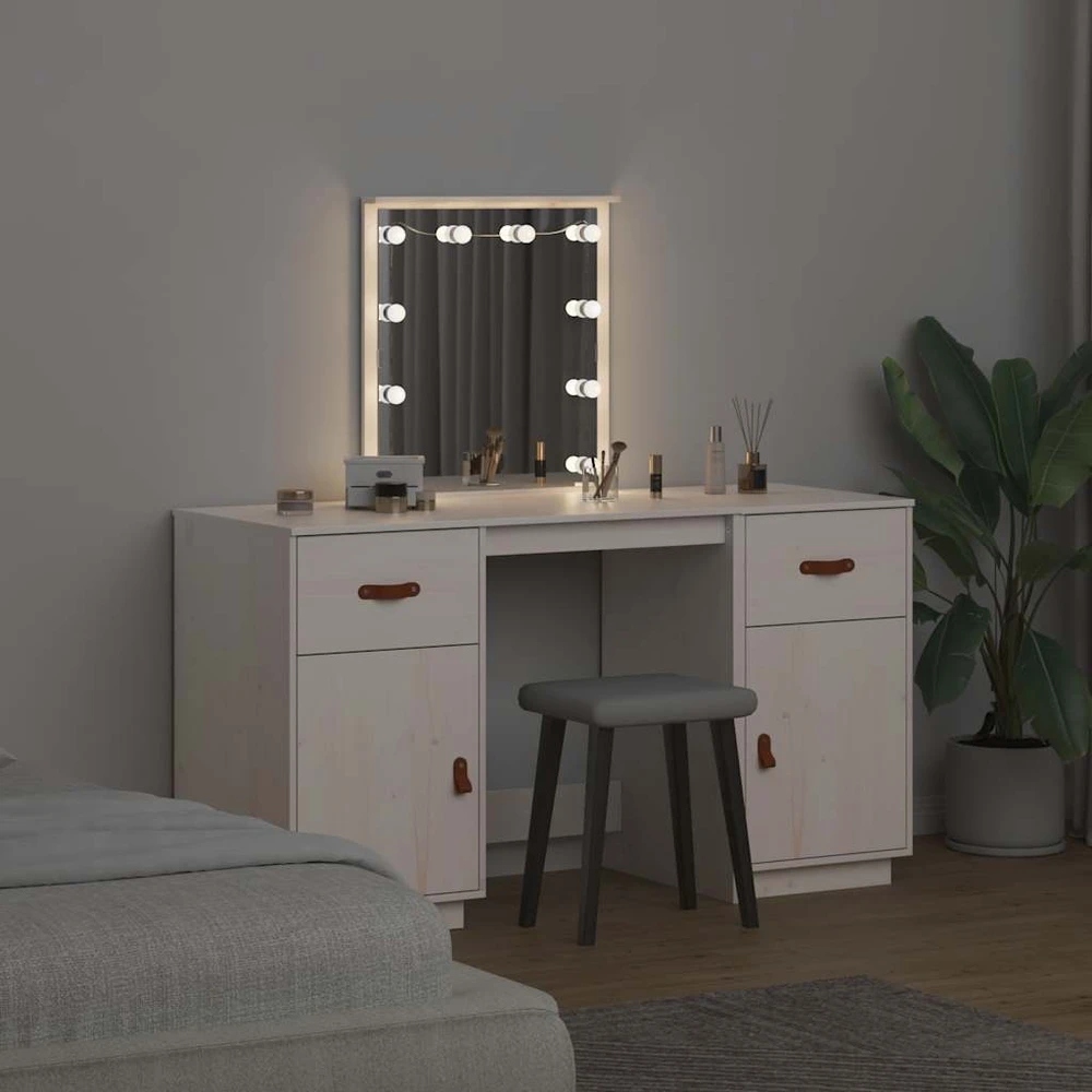 Kosmetinio staliuko su LED komplektas, baltas, pušies masyvas