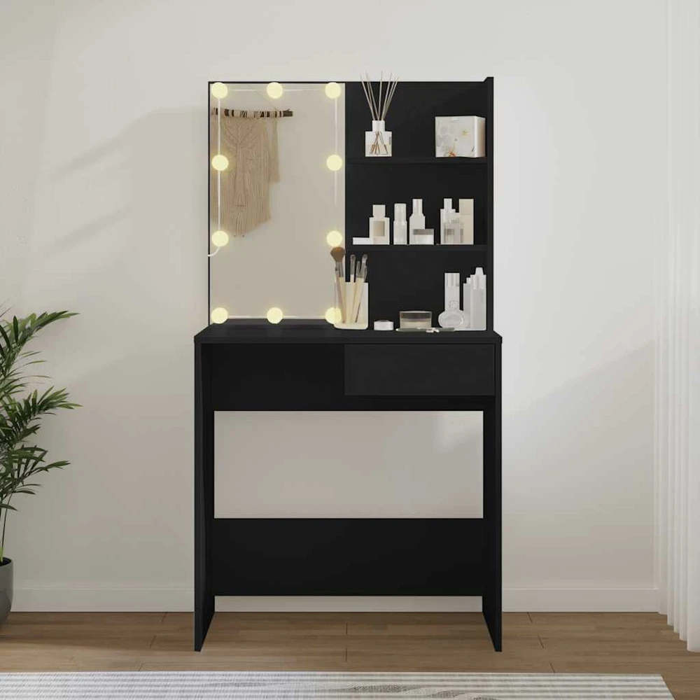 Kosmetinis staliukas su LED apšvietimu, juodas, 74,5x40x141cm