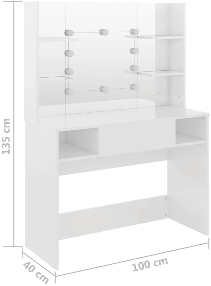 Kosmetinis staliukas su LED, blizgus baltas, 100x40x135cm, MDF