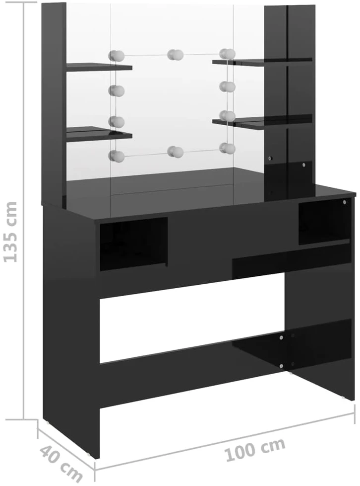 Kosmetinis staliukas su LED, blizgus juodas, 100x40x135cm, MDF