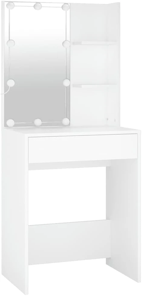 Kosmetinis staliukas su LED ir 2 spintelėmis, baltas, mediena