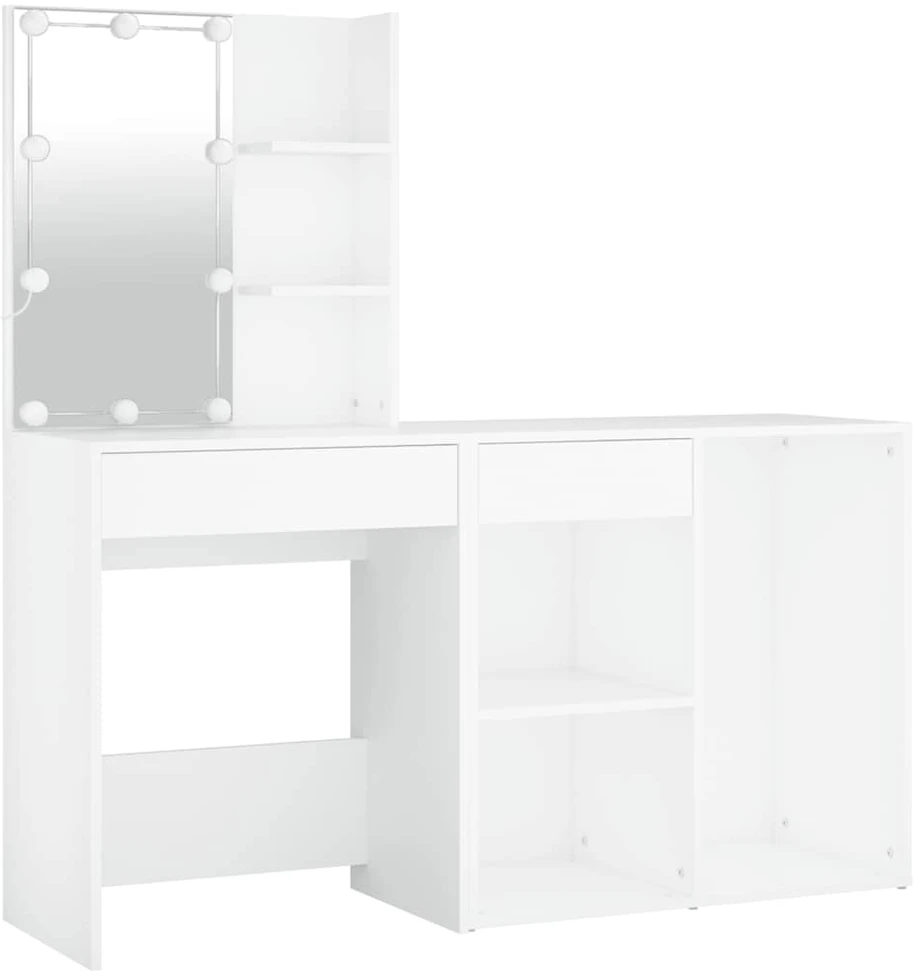 Kosmetinis staliukas su LED ir spintele, baltas, mediena