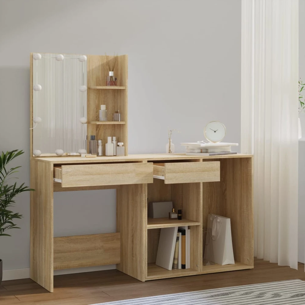Kosmetinis staliukas su LED ir spintele, ąžuolo, mediena