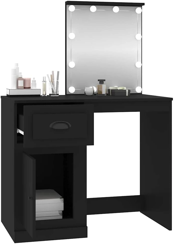 Kosmetinis staliukas su LED, juodas, 90x50x132,5cm, mediena