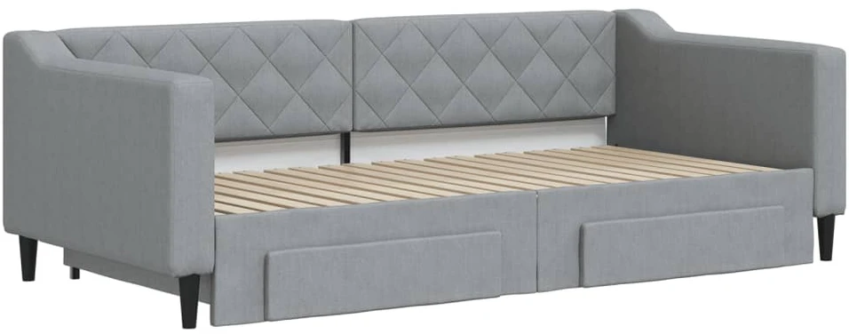 Lova kušetė su dėtuvėmis ir stalčiais be čiužinio šviesiai pilka
