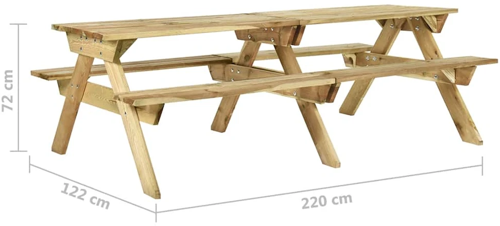 Iškylų stalas su suoliukais, 220x122x72cm, impregnuota pušis
