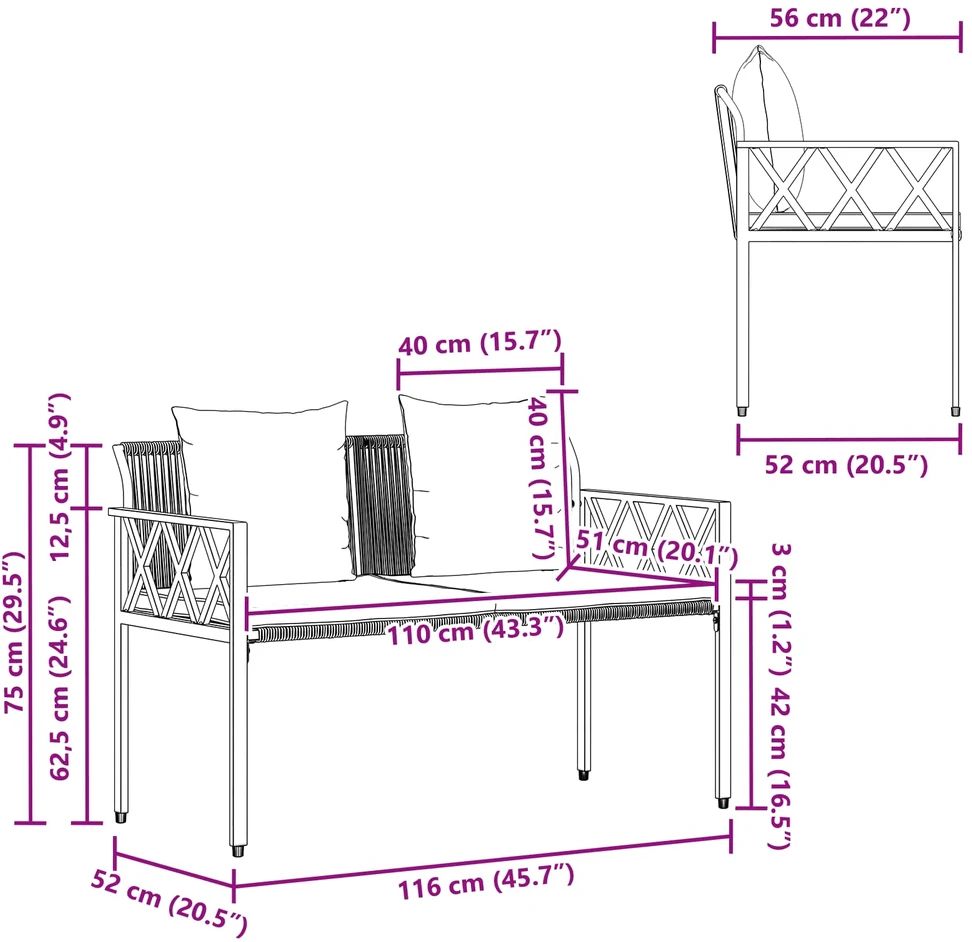 Lauko baldų komplektas Lauko suoleliai 2 -Seater 116 x 56 x 75 cm poliratanas