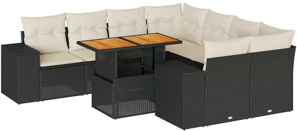 Sofa Sodo komplektas su pagalvėlėmis, 9 dalių, juodas, poliratanas