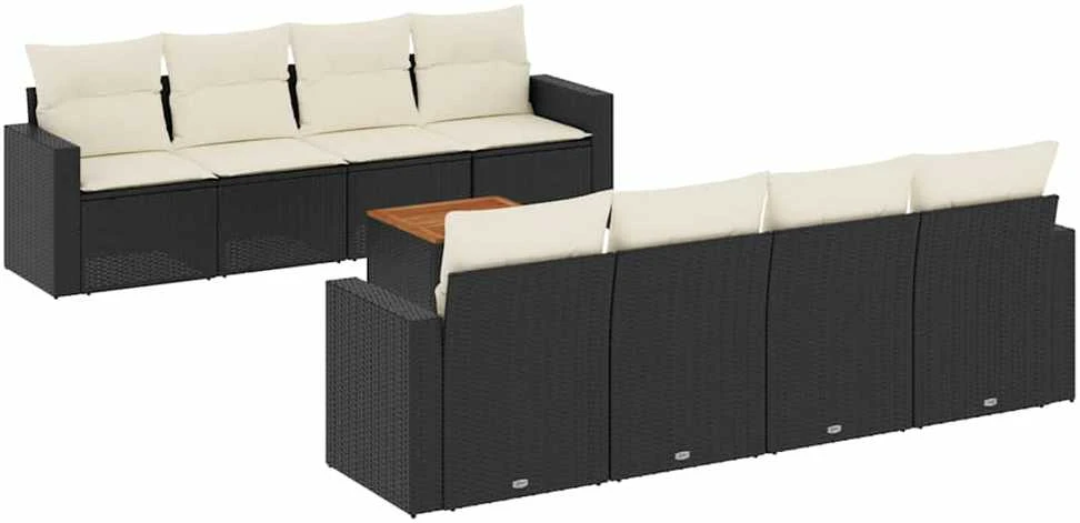 Lauko baldų komplektas Sodo komplektas su pagalvėlėmis, 9 dalių, juodas, poliratanas