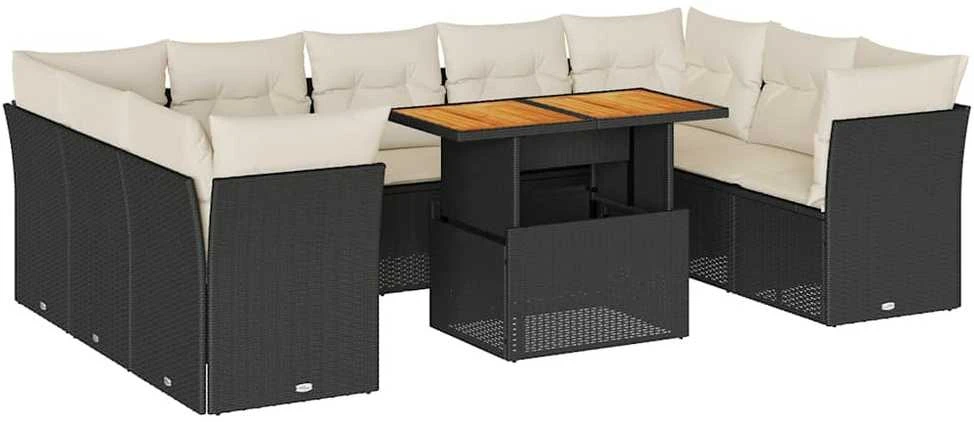 Sofa Sodo komplektas su pagalvėlėmis, 10 dalių, juodas, poliratanas