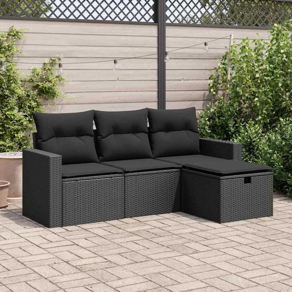 Sofa Sodo komplektas su pagalvėlėmis, 4 dalių, juodas, poliratanas
