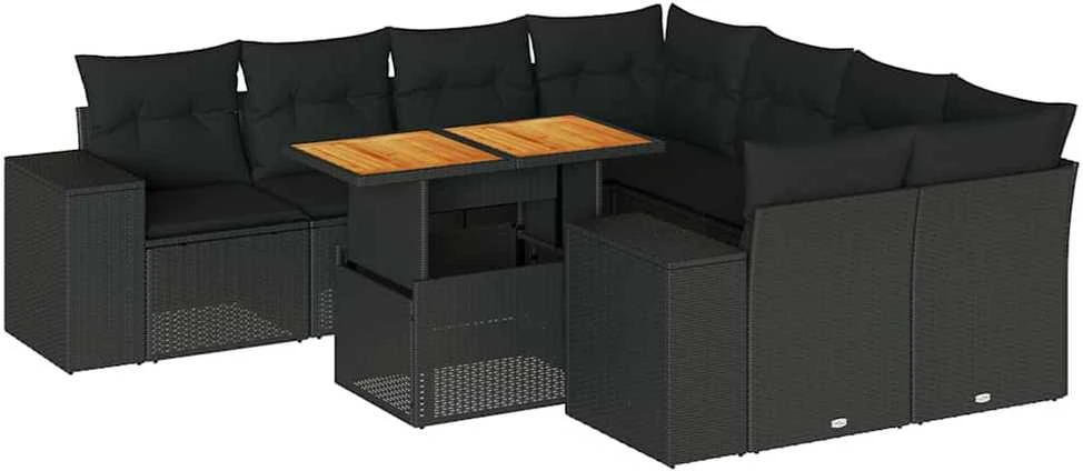 Sofa Sodo komplektas su pagalvėlėmis, 9 dalių, juodas, poliratanas