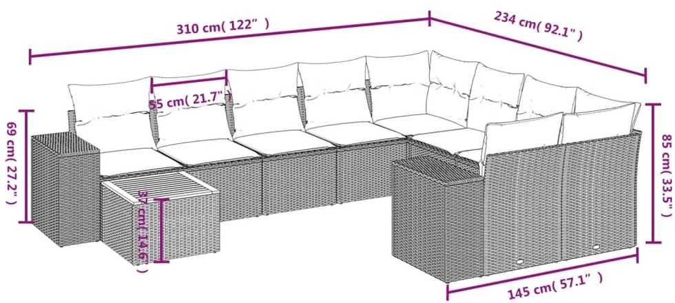Sofa Sodo komplektas su pagalvėlėmis, 10 dalių, juodas, poliratanas
