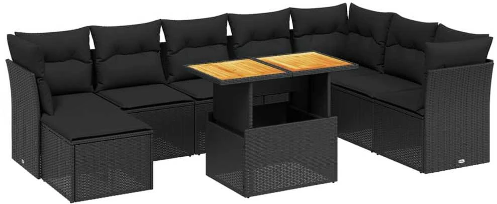 Lauko baldų komplektas Sodo komplektas su pagalvėlėmis, 9 dalių, juodas, poliratanas