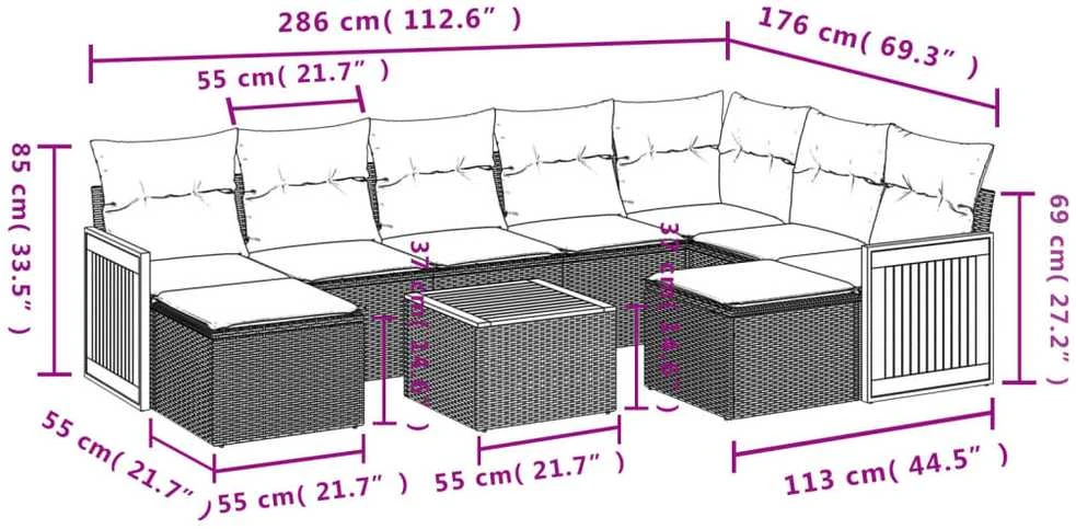 Lauko baldų komplektas Sodo komplektas su pagalvėlėmis, 10 dalių, pilkas, poliratanas